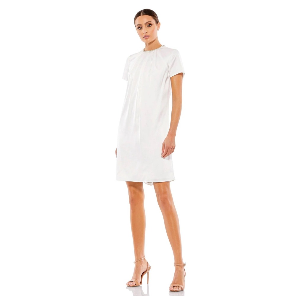 Mac Duggal Ieena White Satin Crystal Neck Mini Shift Dress 55698 Womens